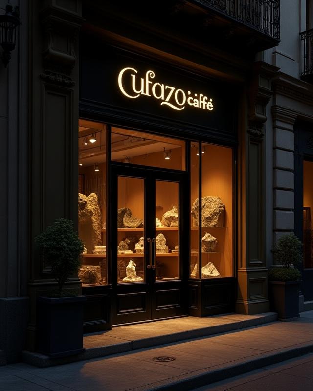 Fachada de Cuarzo Café en Roma Norte por la noche, con iluminación cálida