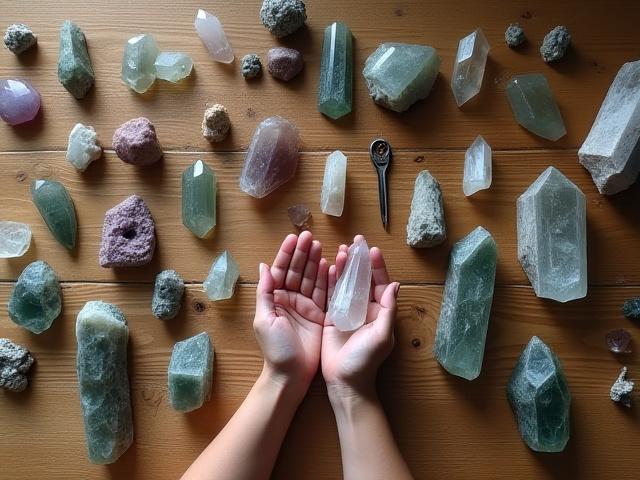 Diseño de arte mineral con cristales en una mesa, con herramientas de pulido y selección