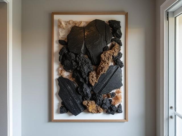 Cuadro decorativo enmarcado que muestra fragmentos de turmalina negra y cuarzo, con un efecto 3D visualmente impactante.