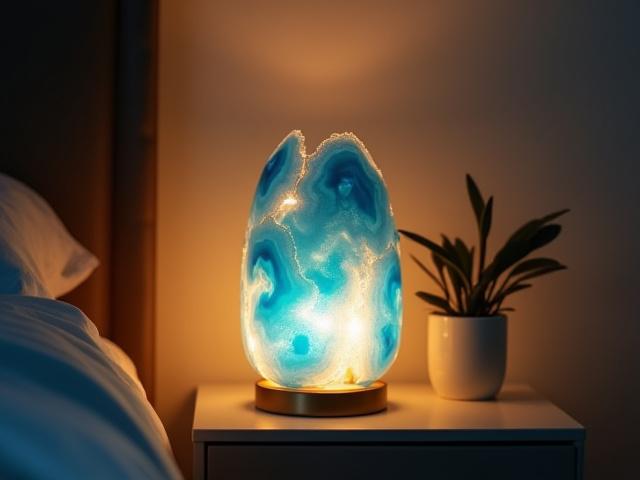 Lámpara de diseño moderno con secciones pulidas de ágata translúcida, emitiendo una luz cálida y ambiental.