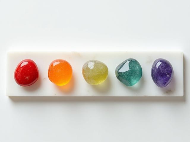 Kit de los 7 Chakras con siete piedras de colores vibrantes alineadas, representando los centros energéticos.