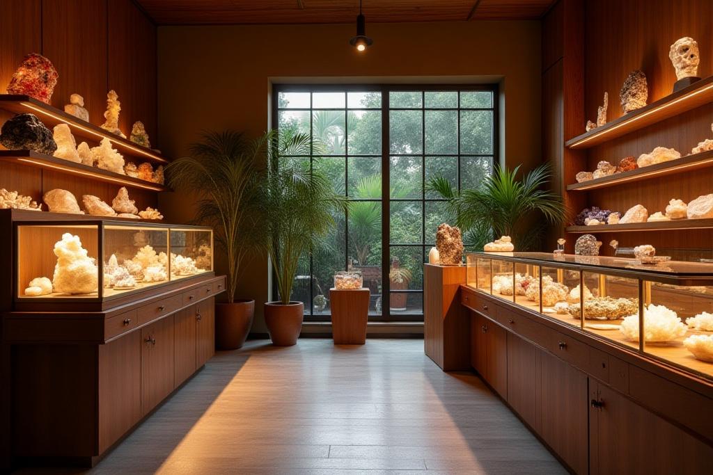 Interior acogedor de Cuarzo Café en Roma Norte, con minerales exhibidos y luz cálida.
