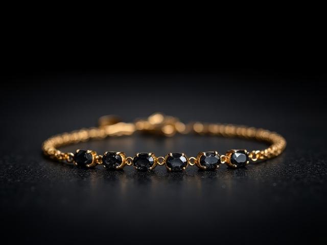 Brazalete de oro con pequeñas turmalinas multicolor engarzadas en fila.