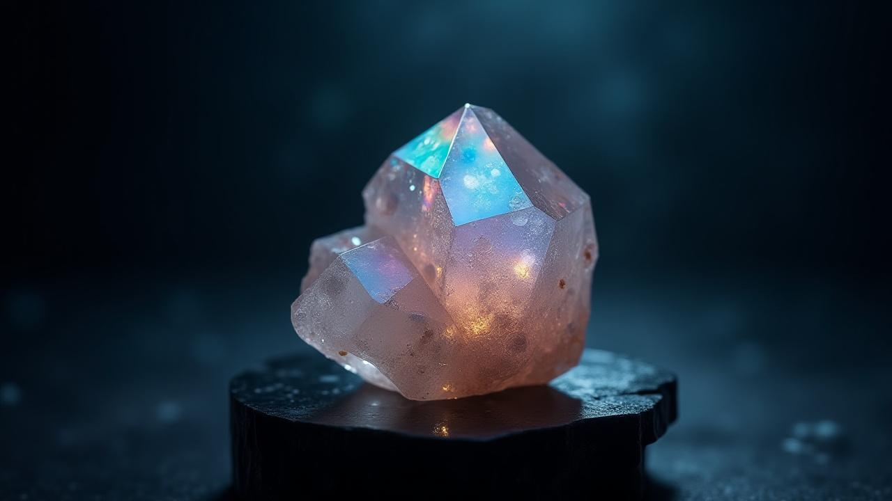 Especimen raro de Cuarzo Aura arcoíris sobre pedestal oscuro