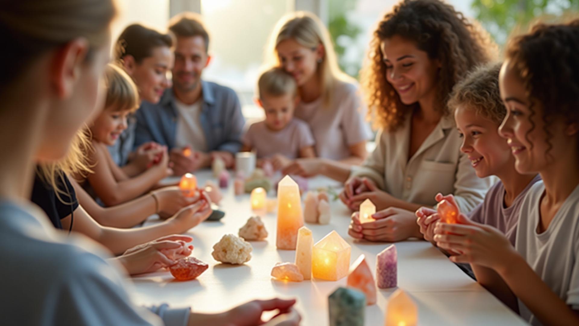 Participantes de taller Cuarzo Café trabajando con cristales y piedras