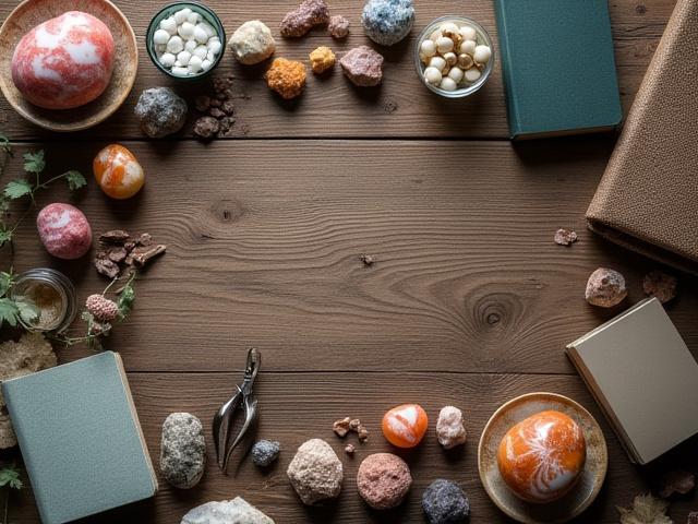 Mesa con diferentes tipos de minerales y herramientas para taller